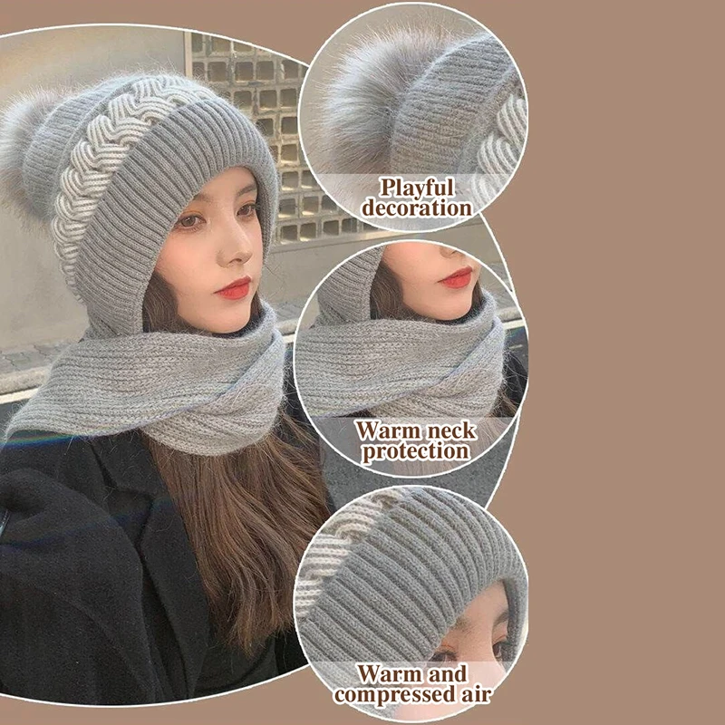 Women's Winter Warm All-in-one Knit Hat Scarf Wearable Blanket Comfortable Windproof Elastic Cycling Earmuffs Warm Hat