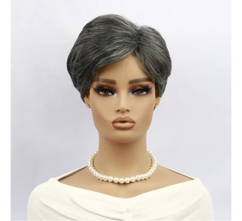 วิกผมหญิง แฟชั่นยุโรปและอเมริกา ผมสั้นฟู หน้าม้าเฉียง ผมสั้นตรงสีเทา สารเคมีไหมที่มีอุณหภูมิสูง