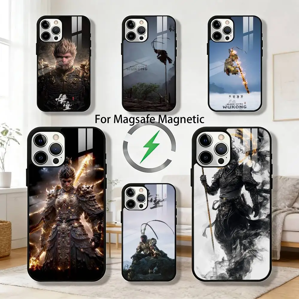 

B-Black Myth W-Wu Kong Phone Case For iPhone 17 16 15 14 13 12 Pro Max Plus for Magsafe Mirror Wireless Magnetic Cover