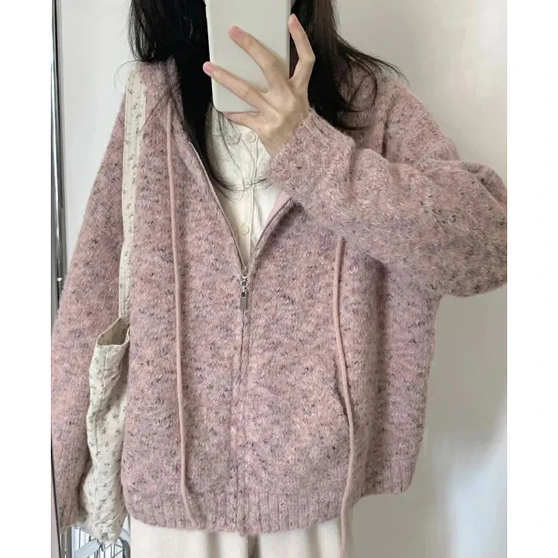 

Korean Hooded Zip Pink Sweater Women Spring Fall Long Sleeve Knit Cardigan Loose Casual Harajuku Y2K Preppy Style Top