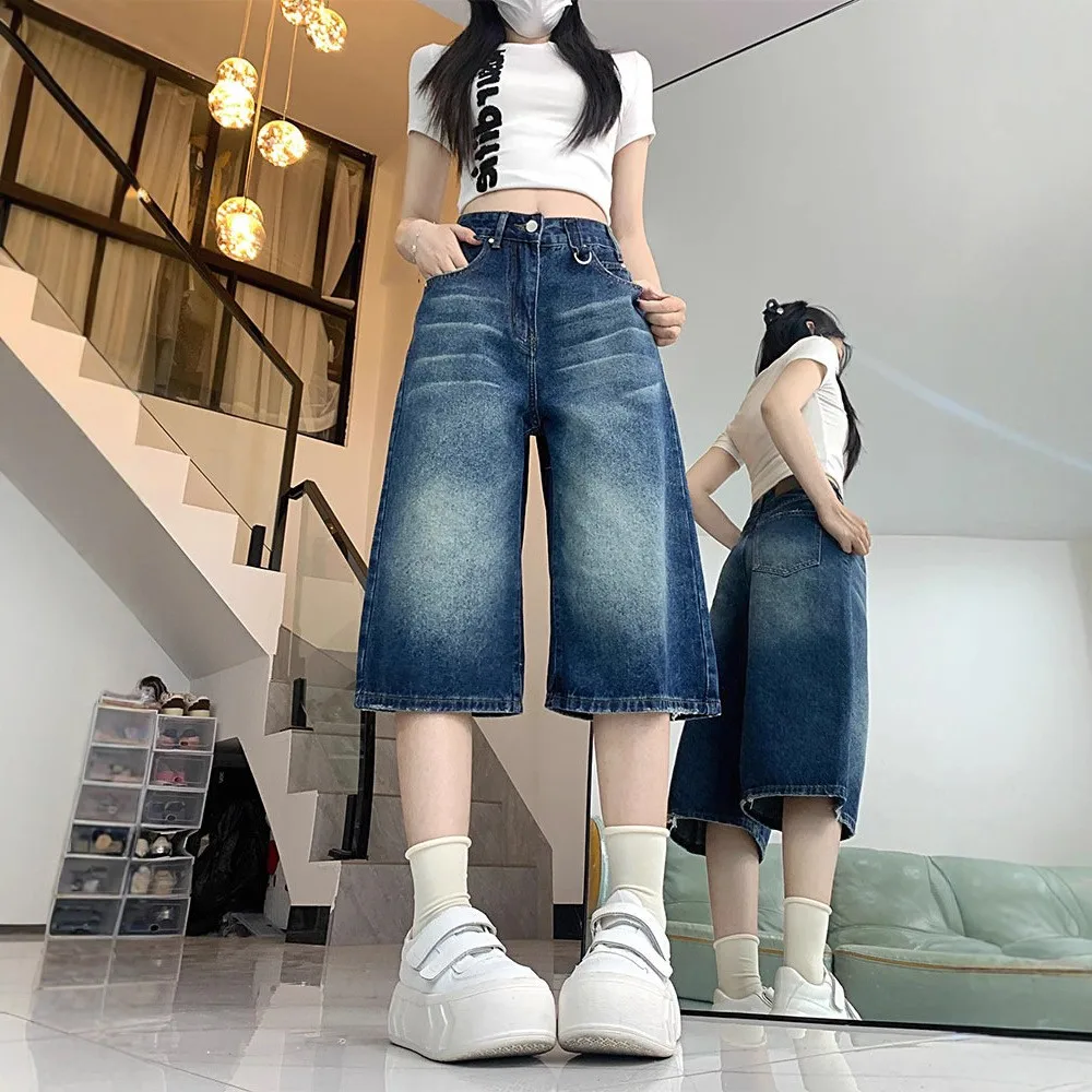 

High Waist Straight Leg Jeans Shorts Women's Summer Casual Loose Fit Slimming High Waist Wide Leg Mid-Length Trendy Shorts