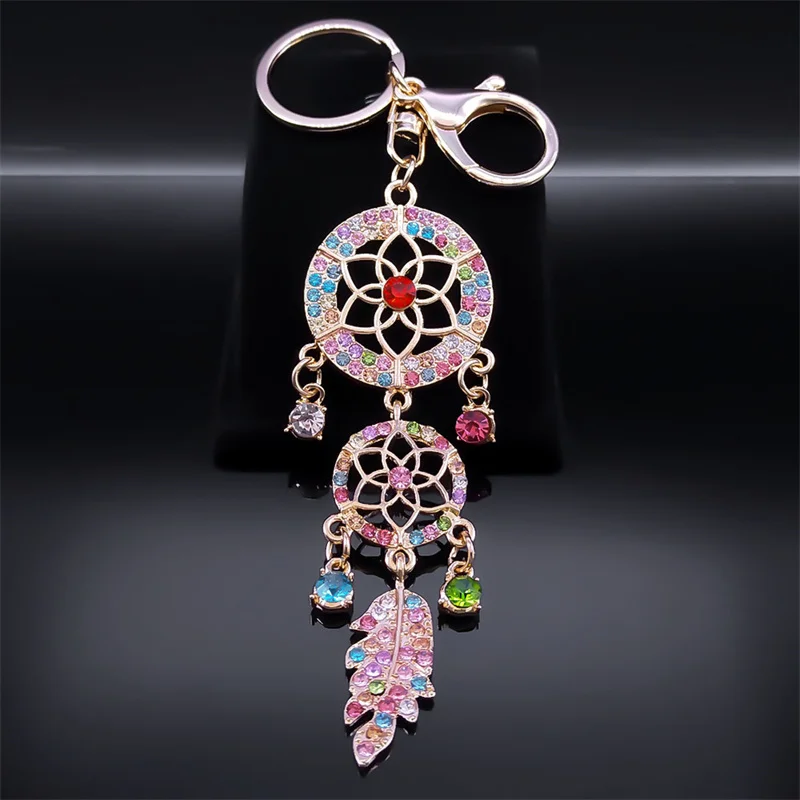 Aesthetic Dream Catcher Key Chain for Women Men Rhinestone Metal Gold Color Y2K Girl Dreamcatcher Keyring Jewelry K9017S02