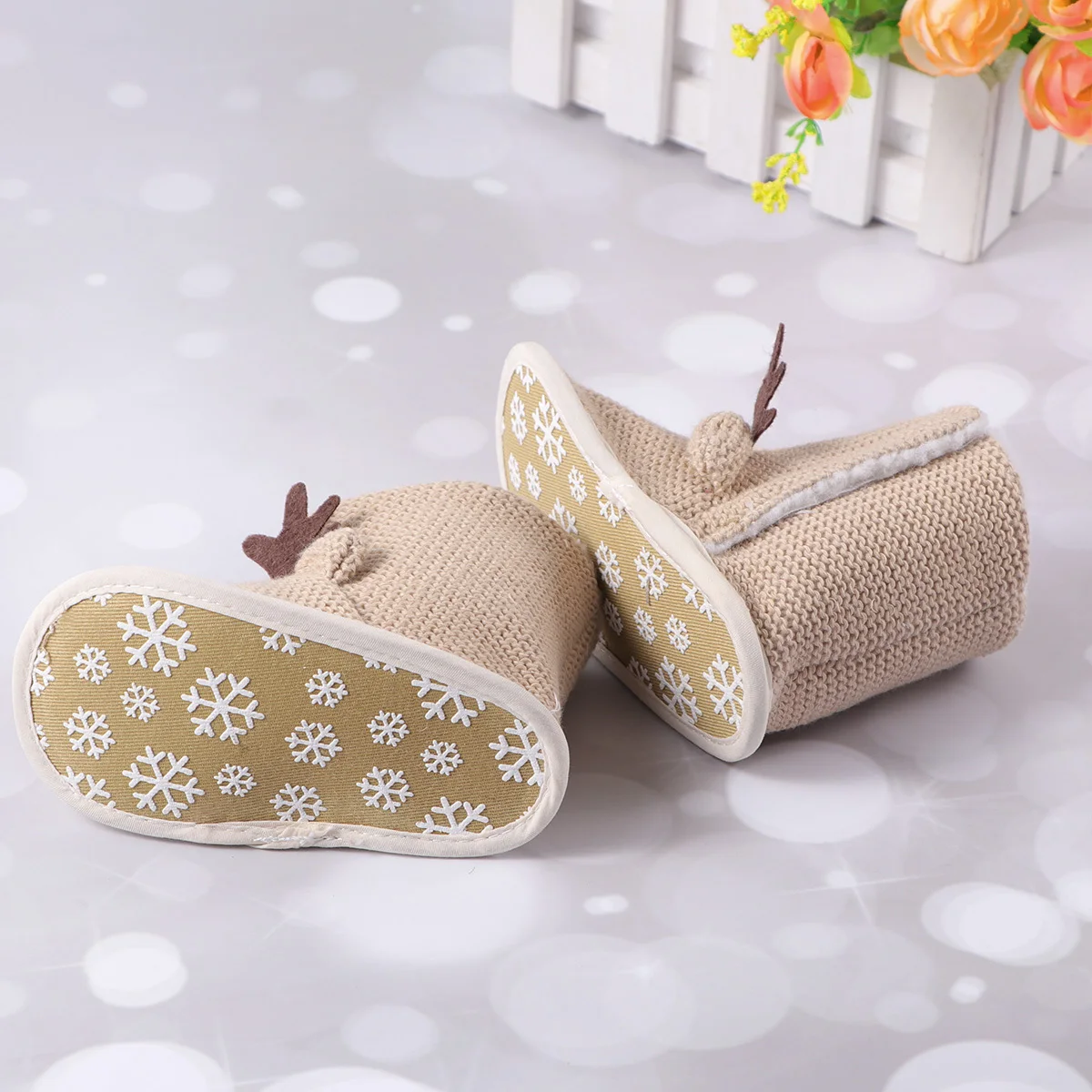 طفل عيد الميلاد أحذية قطنية الأيائل نمط دافئ لينة عدم الانزلاق أحذية الشتاء الرضع 0-12 أشهر البيج حجم 3 11 سنتيمتر الطفل الأحذية الدافئة #4