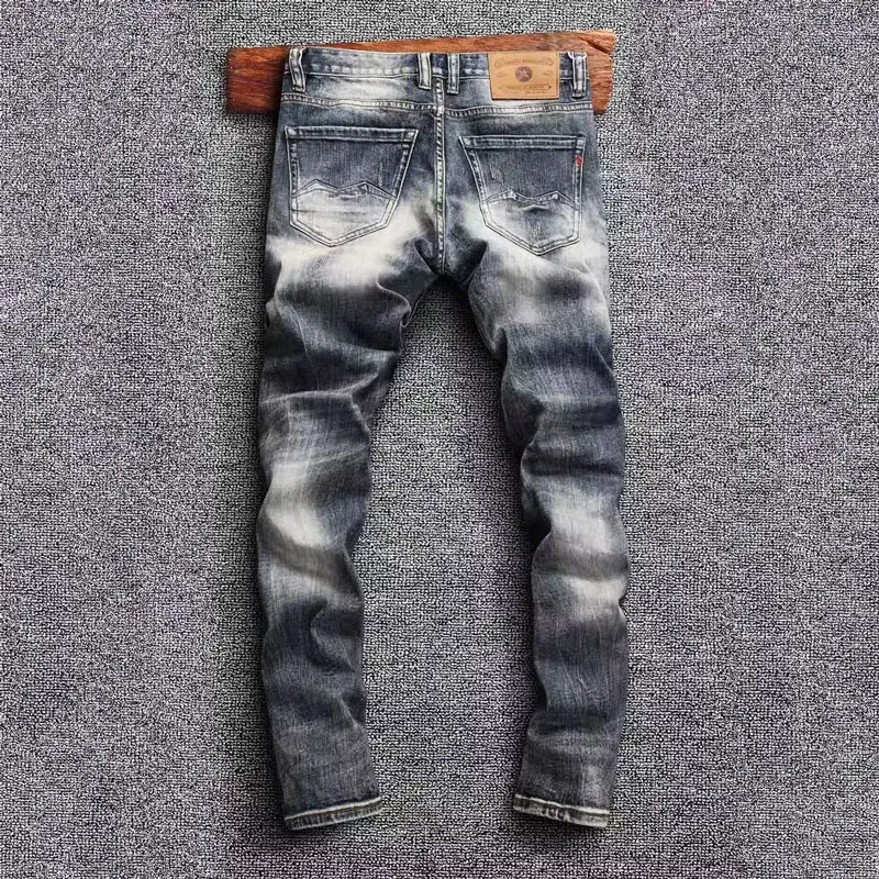 Fashion Vintage Men Jeans High Quality Retro Washed Blue Elastic Slim Fit Ripped Jeans Men Embroidery Designer Denim Pants Homme