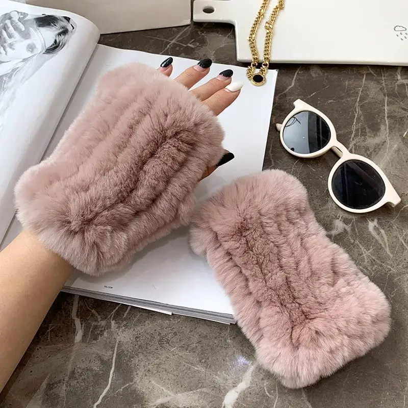 Lady Winter 100% Natural Real Rex Rabbit Fur Glove Women Soft Rex Rabbit Fur Glove Foashion Warm Knitted Genuine Fur Gloves