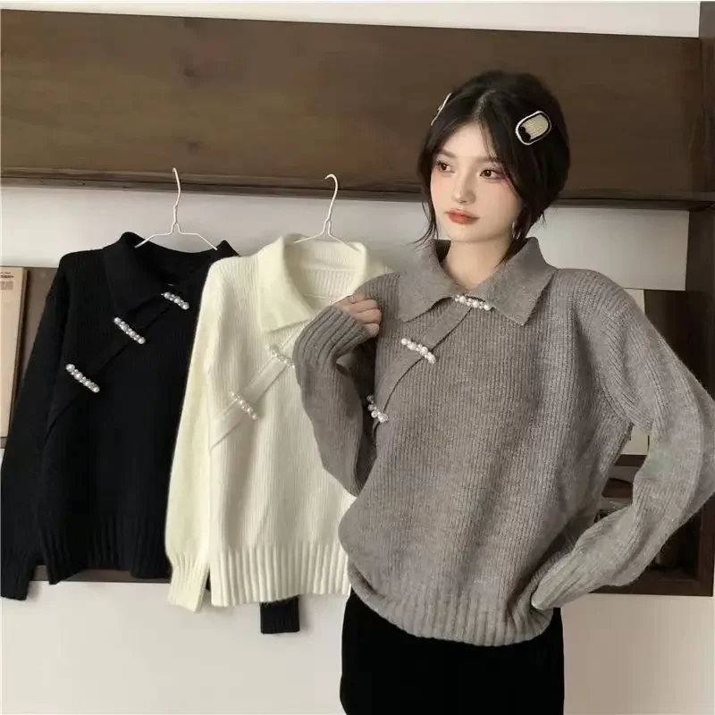 Sweater Women Autumn Winter Streetwear Elegant Tender Stretchy Slouchy Gentle Ladies Outwear Chic Korean Style Temper Beading