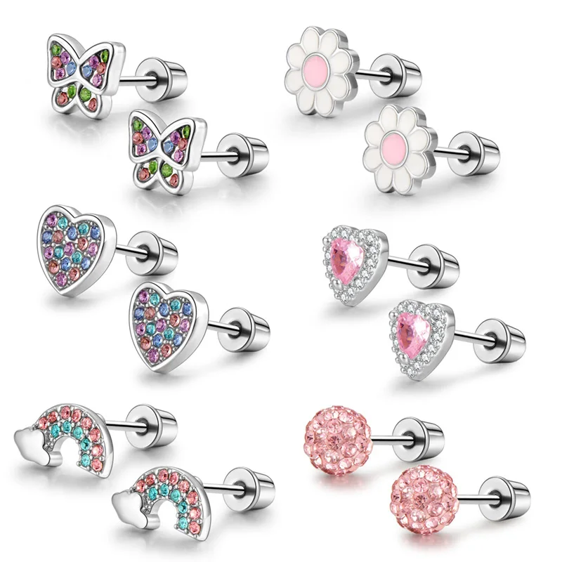 

6 pairs of stainless steel screw stud earrings, such as hearts, flowers, butterflies, rainbows, set with shiny zircon earrings.