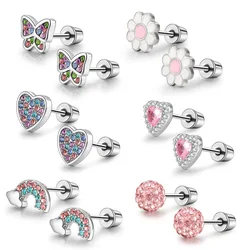 6 pairs of stainless steel screw stud earrings, such as hearts, flowers, butterflies, rainbows, set with shiny zircon earrings.