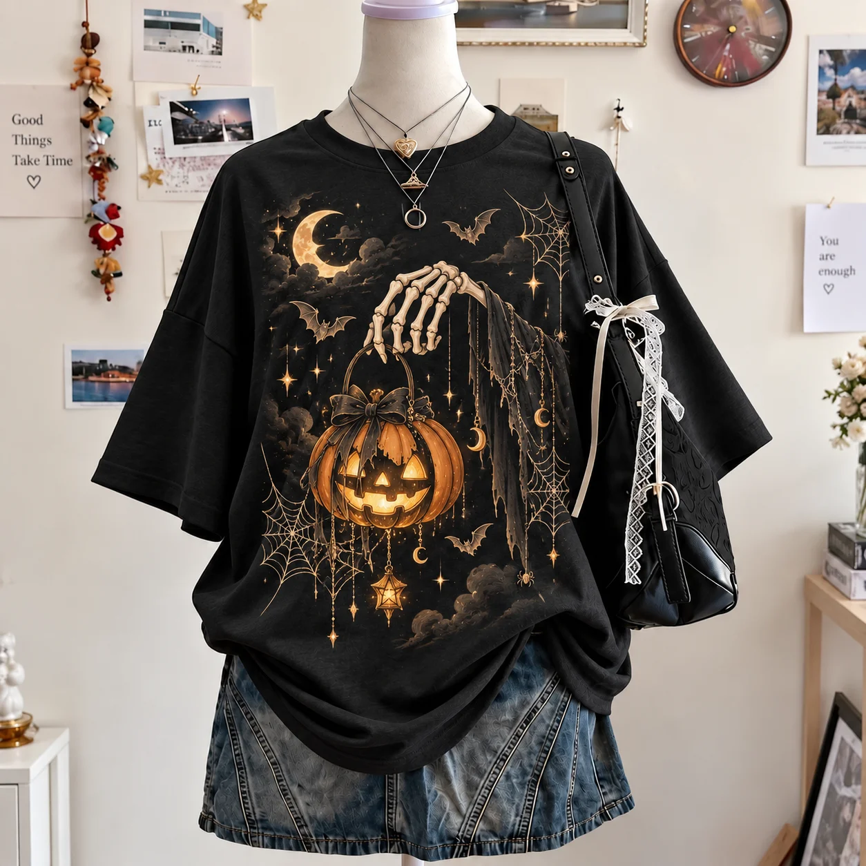 Gothic Halloween Skeleton Hand Pumpkin Lantern Print T Shirt Women Bat Moon Spider Web Short Sleeve Tees