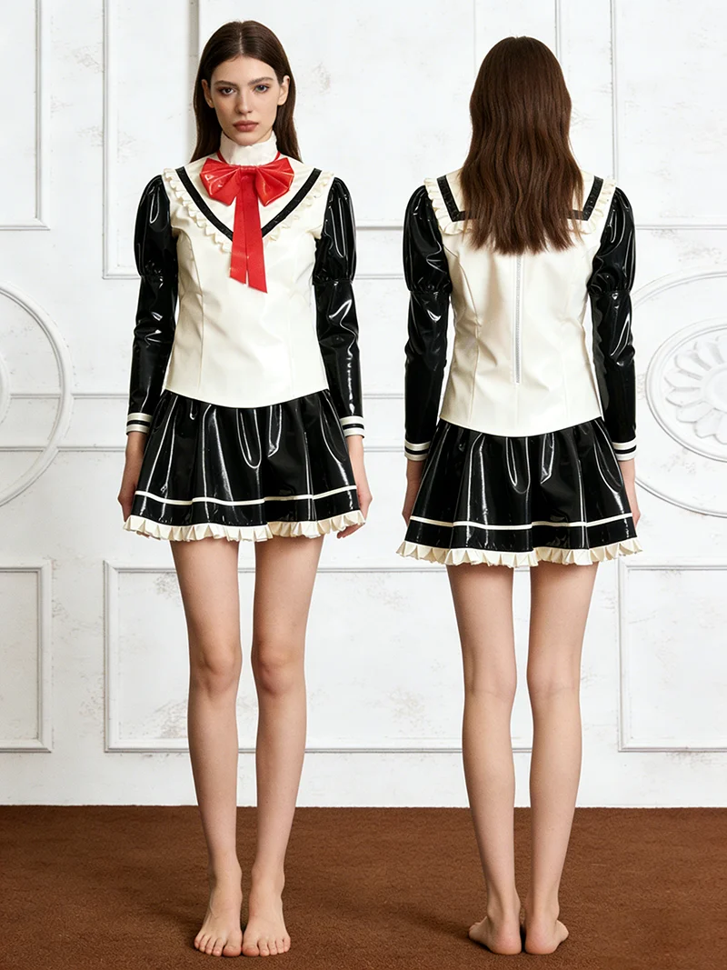 

100% Natural Latex Rubber Catsuit Maid uniform Dress Masquerade Handmade Custom Cosplay