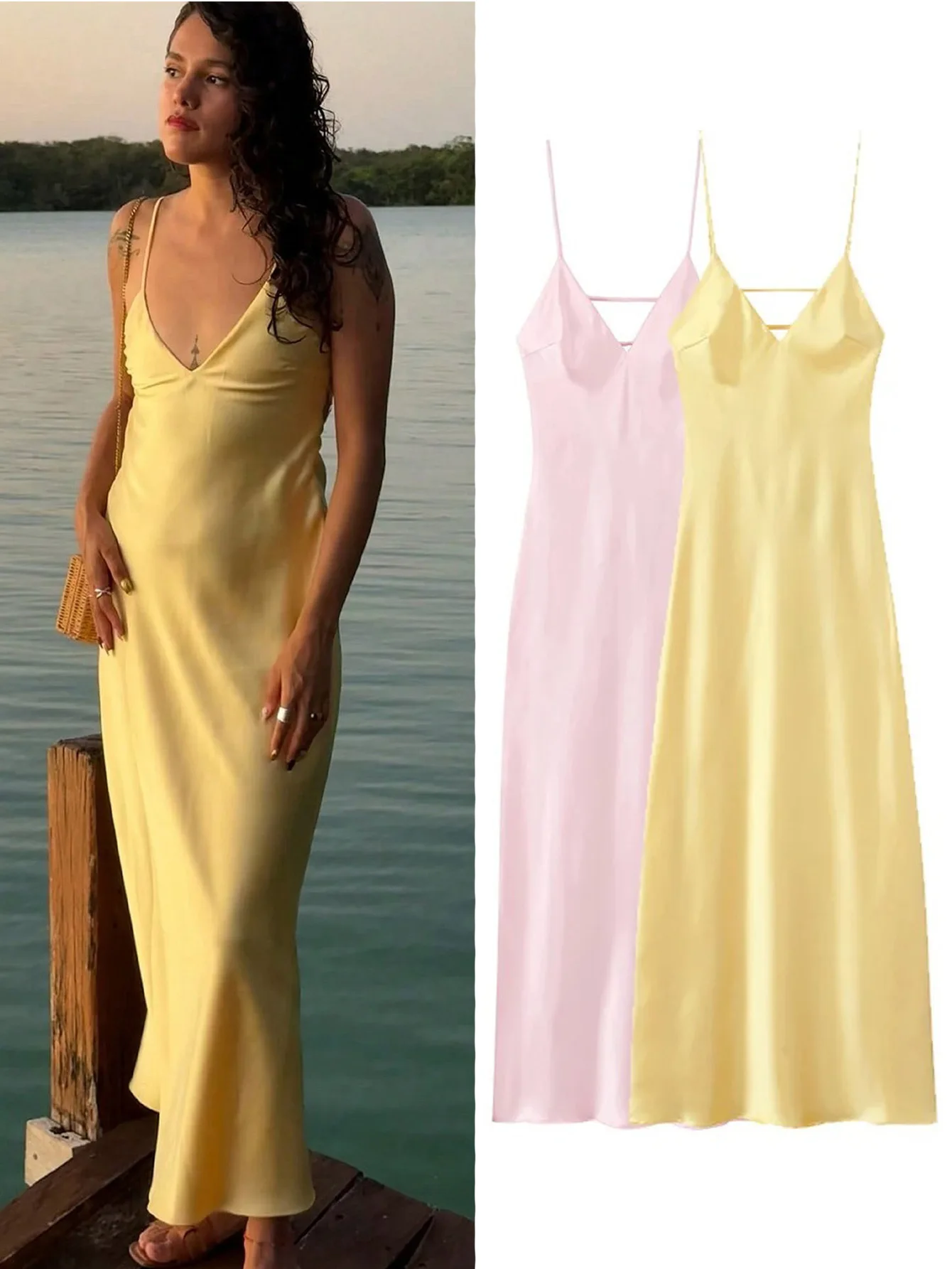 

Pink Stain Sling Dresses Women Elegant V Neck Sleeveless Backless Slim Long Dress 2025 Summer Lady Party Holiday DressSolid colo