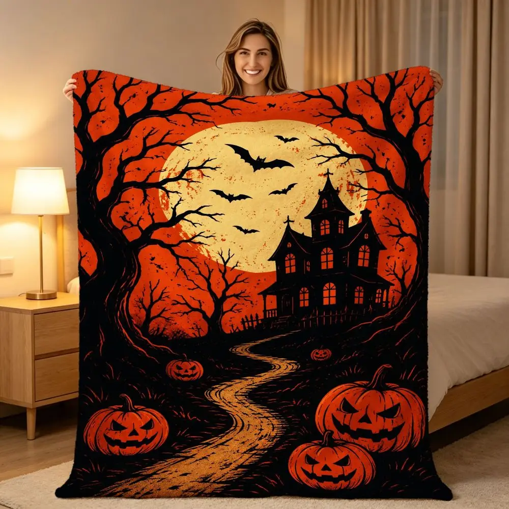 Halloween Haunted House Flannel Throw Blanket with Moon Bats Jack O Lanterns And Spooky Trees Soft Lightweight Cozy Blanket for Sofa Bed Travel Camping Home Decor Gift