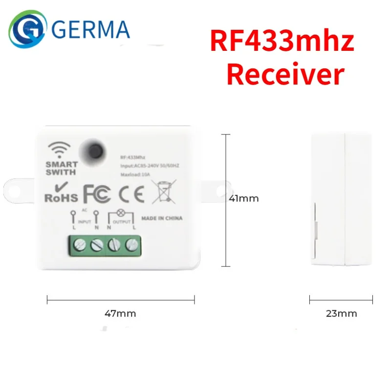 GERMA Mini Wireless Smart Switch Light Electrical 433MHZ RF Relay Receiver Controller 110 220V 10A for Home Led Lamp DIY Control