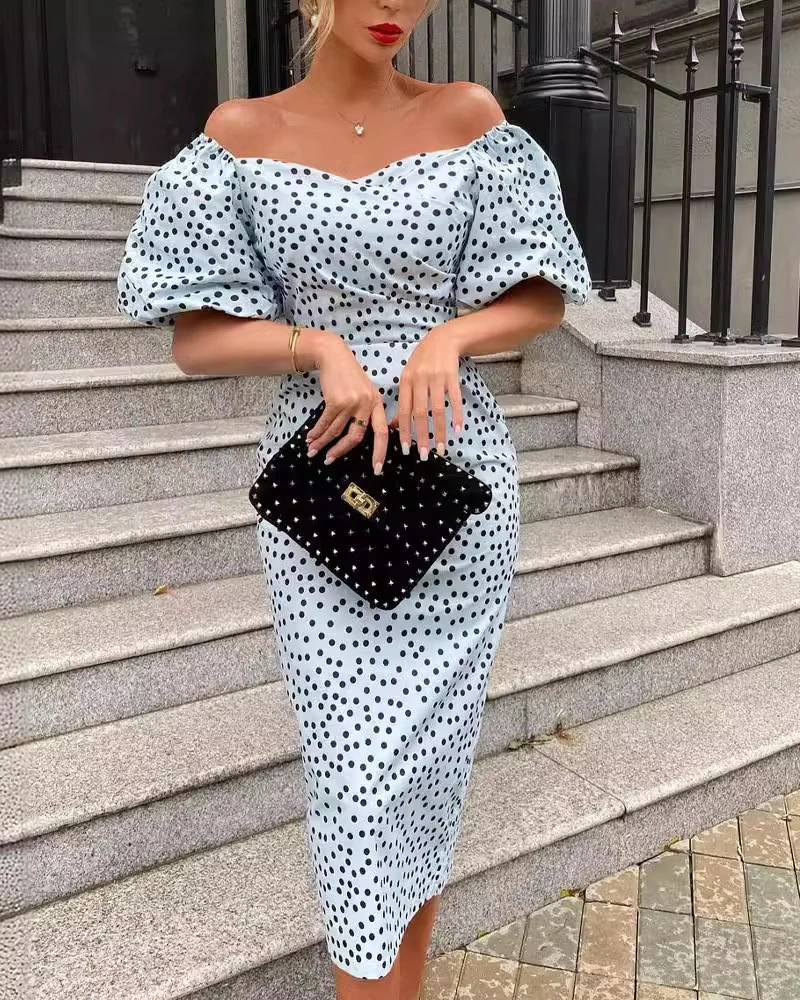 

Polka Dot Off Shoulder Puff Sleeve Dress Short Sleeve Bodycon Midi Party Dress