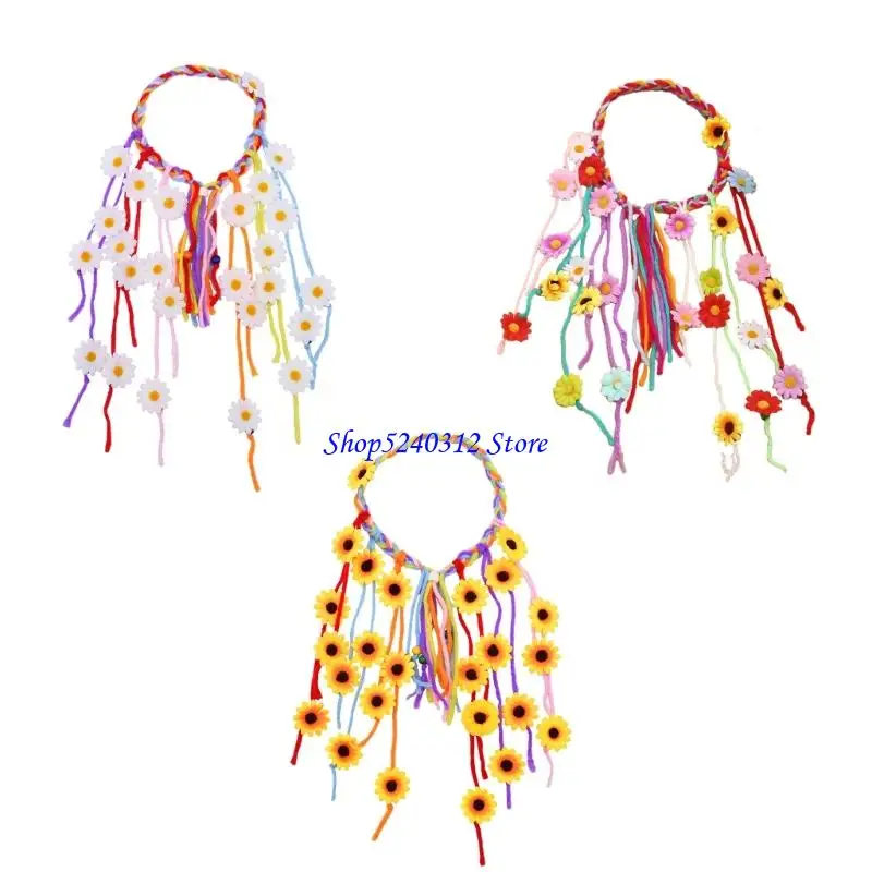 

634C Flower Hippie Headband Floral Crown Sunflowers Hair Accessories Beads Adjust
