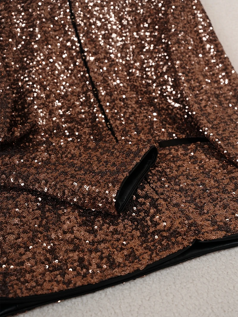 Retro ouro lantejoulas emenda couro do plutônio redondo ne casaco superior para as mulheres temporada de outono trabalho pesado sentido ele sle ort outerwear