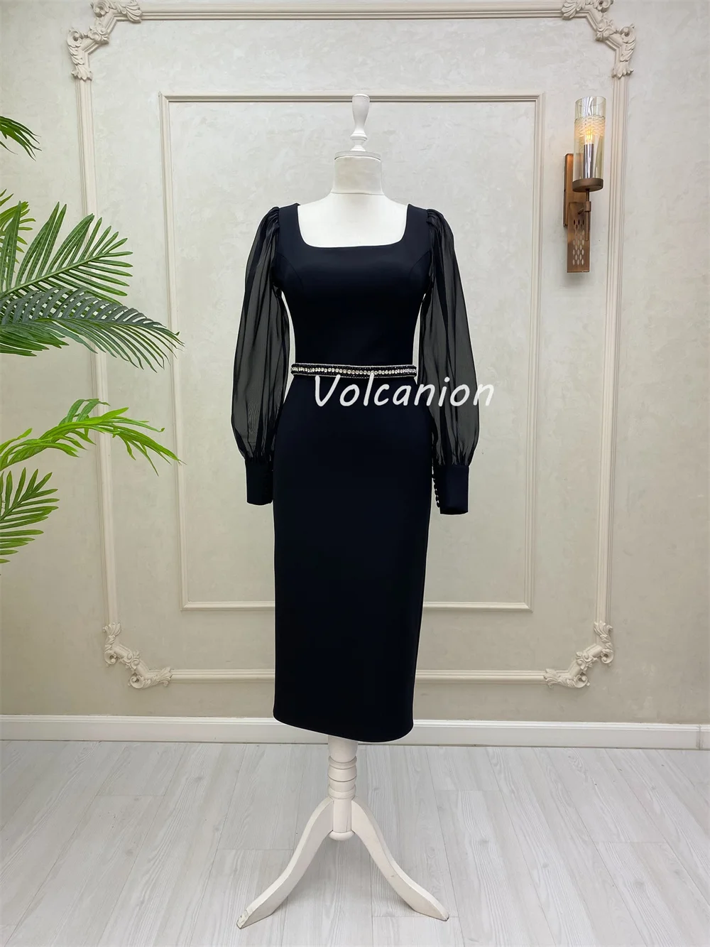 Gaun Panjang Teh Leher Persegi Lurus Kancing Manik-manik Berlian Imitasi Jersey Berkilau Kasual Kustom Gaun Acara Pesanan Khusus Seksi