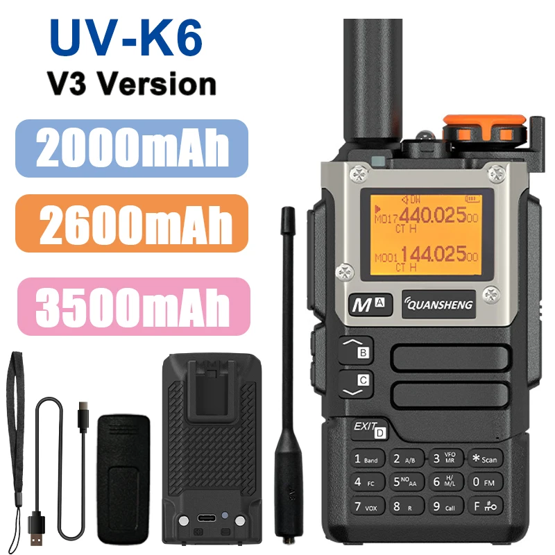 Quansheng UV-K5(8) Walkie Talkie V3 Version UV-K6 2MB Storage 2000/2600/3500mAh Battery Optional AM FM Scramber Type-C Charging