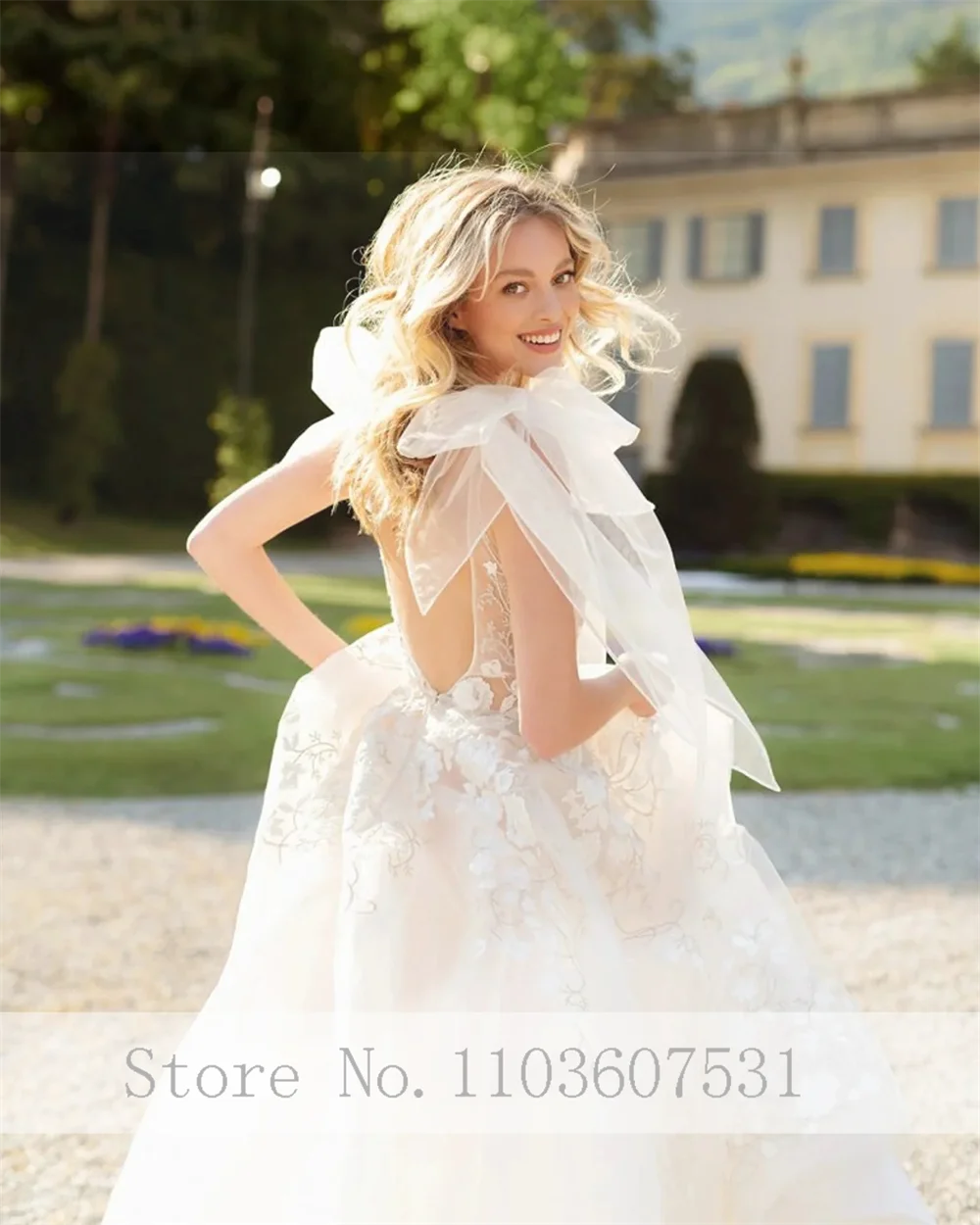 Elegante Diepe V-Hals Appliques Kant Tule A-Lijn Strik Trouwjurk Voor Vrouwen Backless Court Illusie Bruidsjurk Robe De Mariée