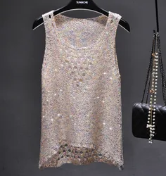 0 Summer sexy hollow out knitted tank tops women shiny gold Silver sequined tank tops women bling bling shiny knited vest top