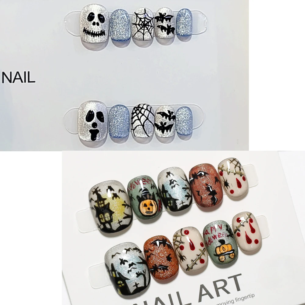 10 pièces Halloween mignon Chic citrouille et petit fantôme trouble appuyez sur les ongles faux ongles Nail Art ongles peint à la main Patch