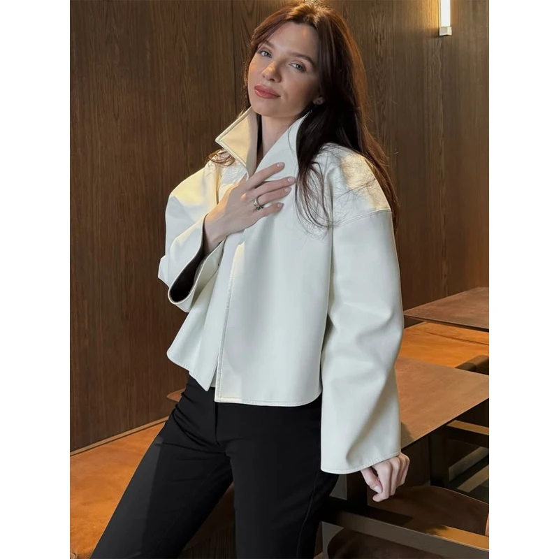 Women's Crocodile Pattern Short Leather Jacket Retro High Collar Zipper Loose Long Sleeve Jackets Lady Street Daily Wear 2026