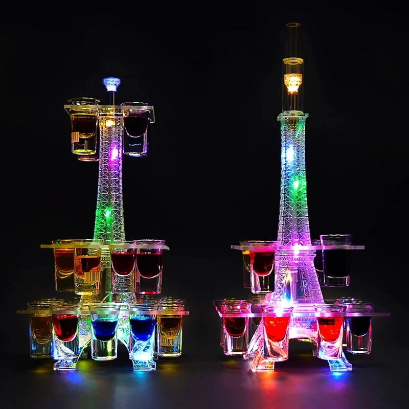 Bar KTV Shot Glass Glow In The Dark Cocktail Glasses Cup Holder Acrylic Crystal Eiffel Tower Glass Rack Neon Party Decoration