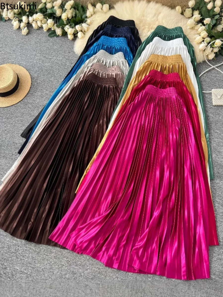 2026 New Women's Elegant Pleated Skirts Spring Fashion High Waist Long Skirts Bright Colors Slim A-line Female Party Maxi Skirts
