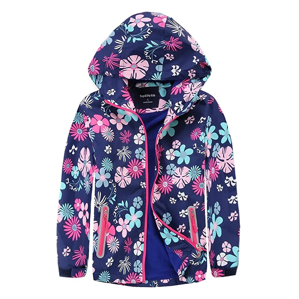 

New Autumn Girls Floral Outdoor Jackets Children's Flush Lined Waterproof Outerwear Kids Spring Long Sleeve Thick Hooded Coats