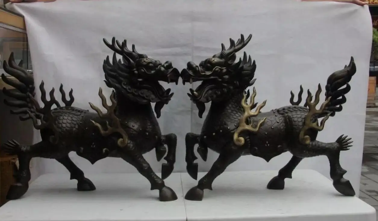 24 Royal Pure Bronze Dragon kylin Kirin Chi-Lin Kilin Qilin Foo Dog Lion Statue