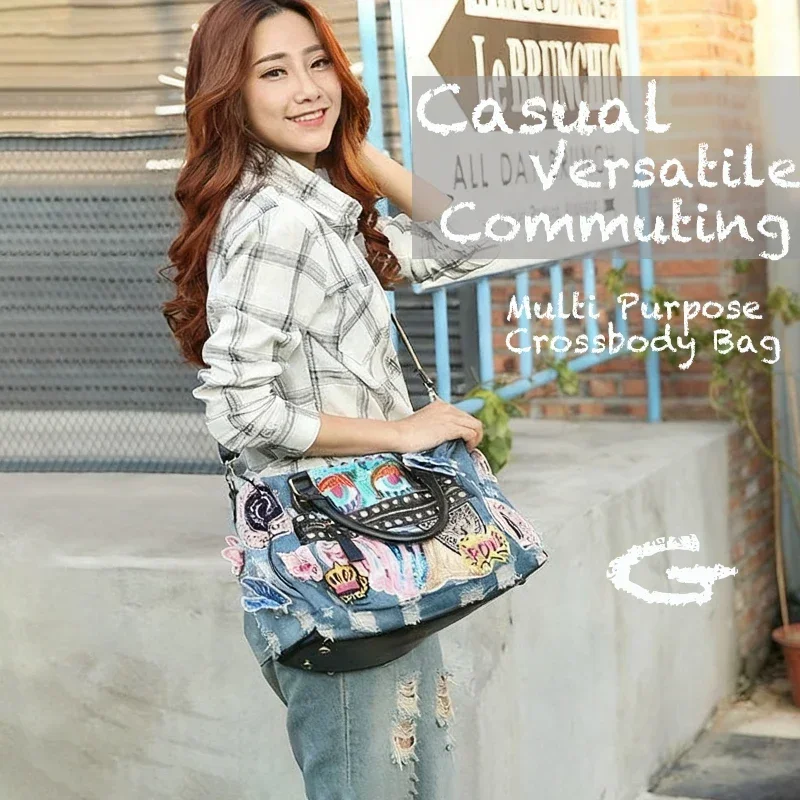 

Women's Trendy Denim Crossbody Bag Contrast Embroidery Distressed Design Single Shoulder Top Handle Bag Female vintage style Bag