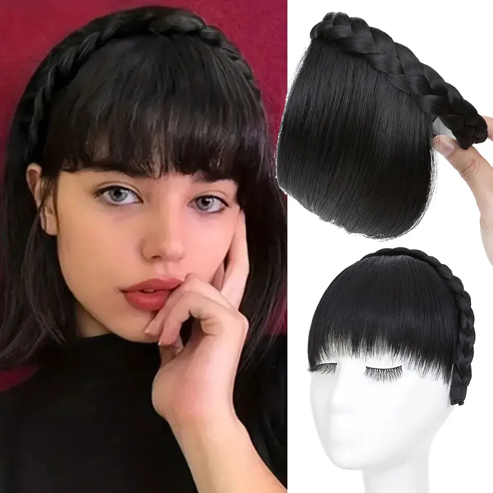 S-noilite Synthetic Headband Bangs Extensions Hair Blunt Fringe Wig Braid Headband For Women Natural Black Brown Blonde Bang