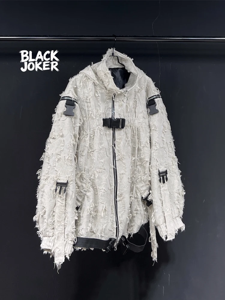 BLACK JOKER Original-design tassel, post-apocalyptic–style hooded snap-button jacket with a distressed finish unisex jackets