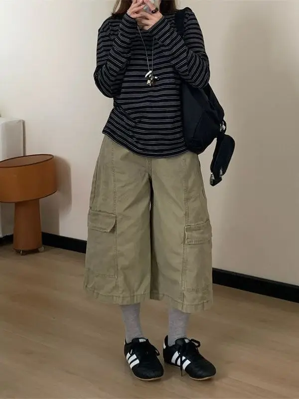 

American High Street Seven-Quarter Loose Casual Women's Work Pants Summer plus Size 300 Pounds Wide Leg Short Shorts