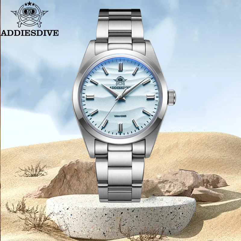 ADDIESDIVE Herrenuhr, Sandzifferblatt, 36 mm, Quarzuhr, 100 m wasserdicht, 316L-Edelstahl, AR-beschichtete Kuppelglas-Armbanduhr für Herren