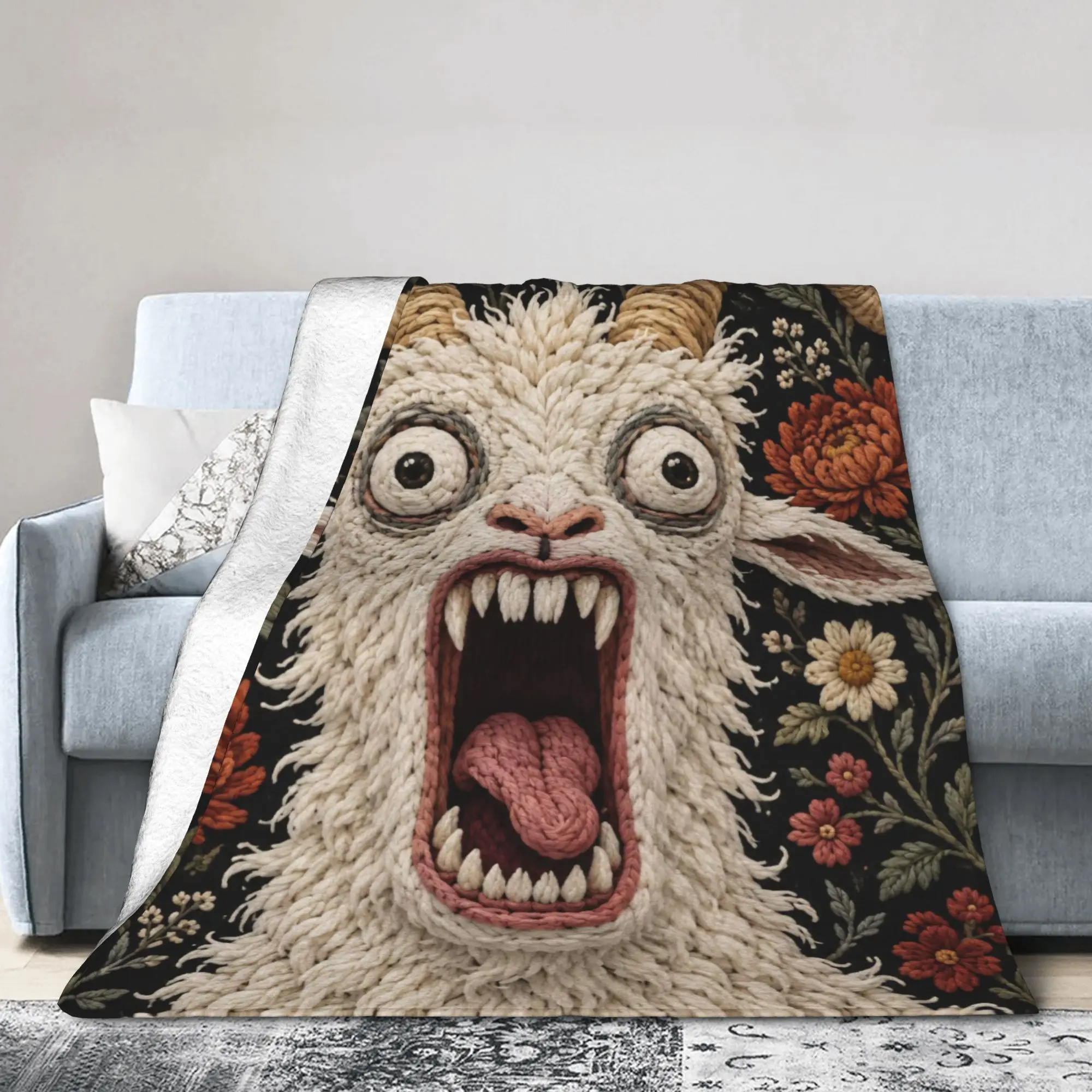 Screaming Goat Horror Gothic Floral Blankets Dark Humor Flannel Breathable Bedding Throw Blanket for Couch Winter Travel
