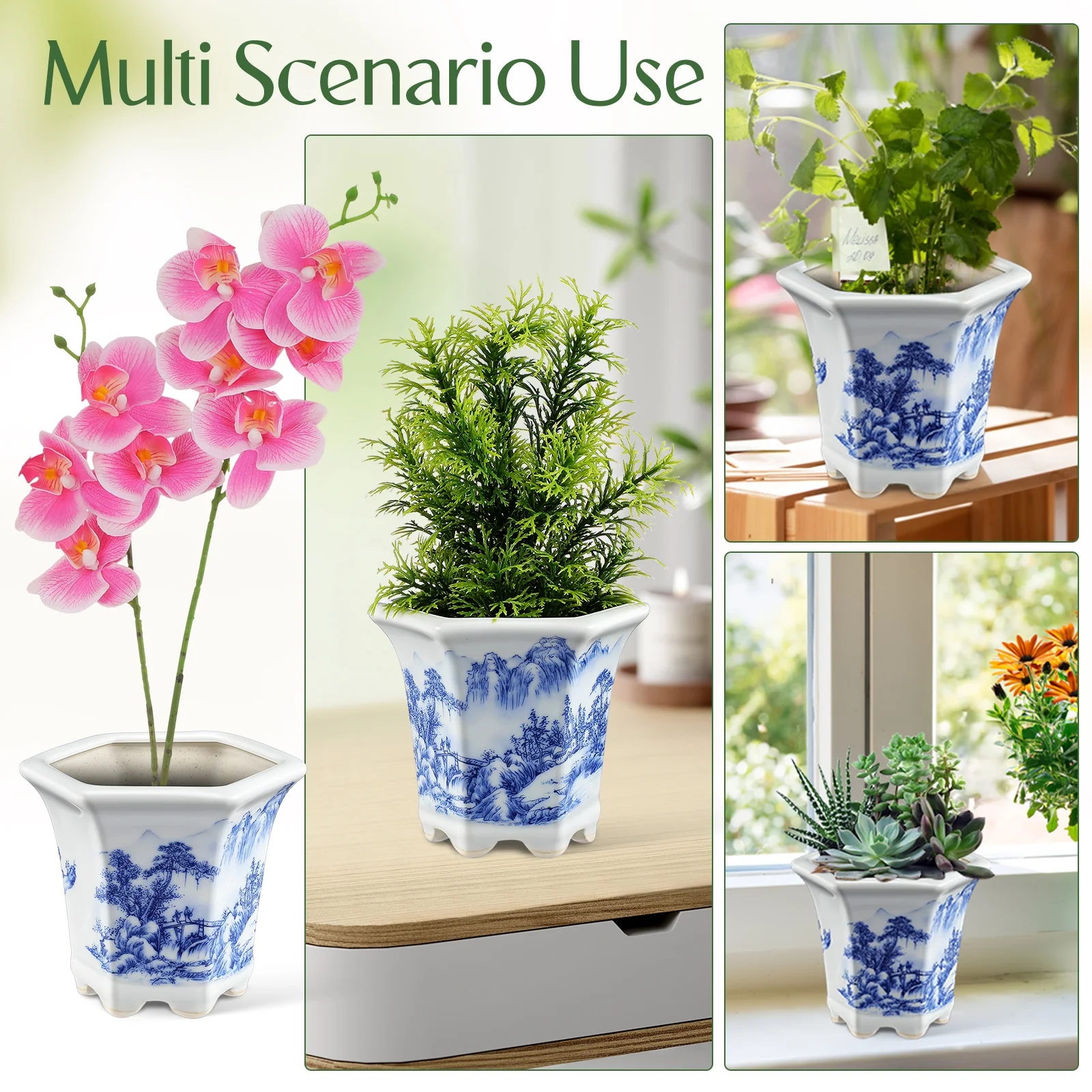 Traditional Blue Floral Porcelain Ceramic Flower Pot Decorative Planter for Indoor Plants Balcony Office Small Planter
