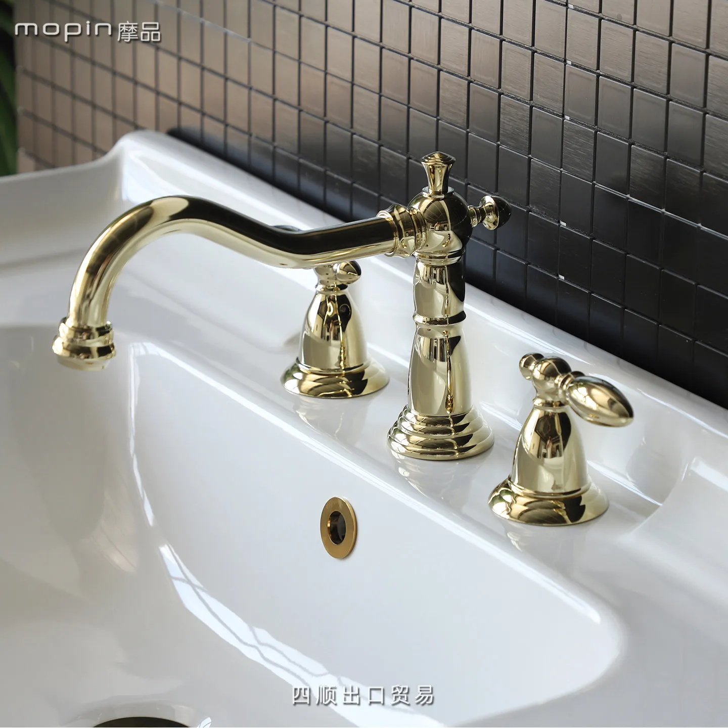 French retro washbasin three-hole split faucet heightened and lengthened water outlet full copper electroplating bathroom