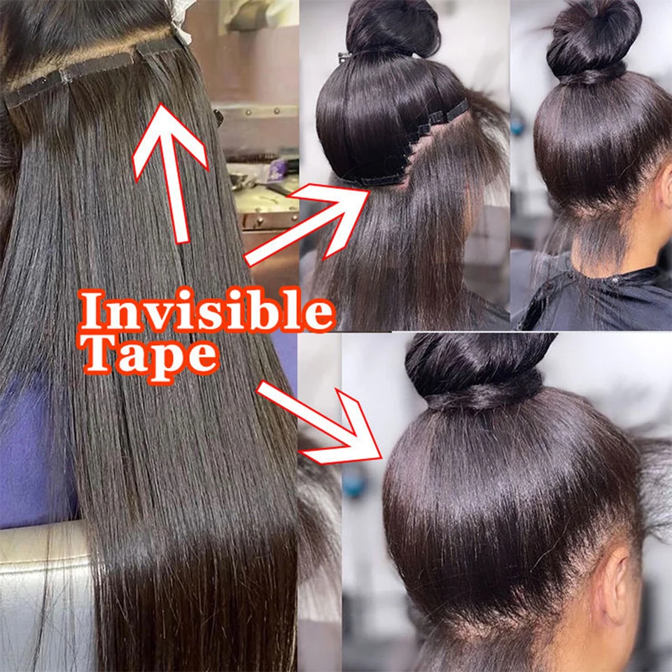 Cinta de extensión de cabello humano 100% adhesiva, color negro natural, 21 piezas, sin costuras, reemplazable, para mujeres 4