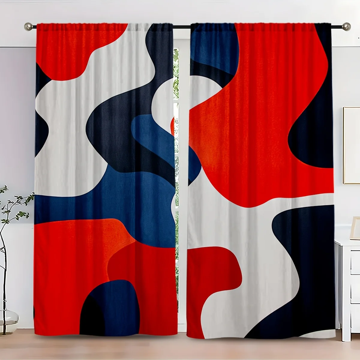 2pcs curtains feature a modern Memphis style, blending red, navy blue, and white graphics to showcase American flair. High-defin