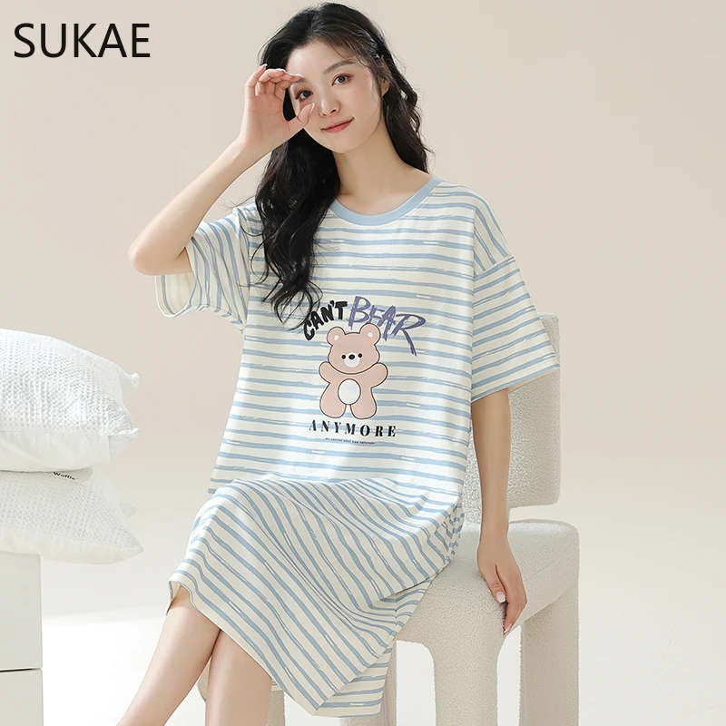 SUKAE Women Summer Nightgowns Leisure Sleepshirt Short Sleeves Pullover Cartoon Dress Kawaii Girl Sleepwear Casual Cozy Long Top