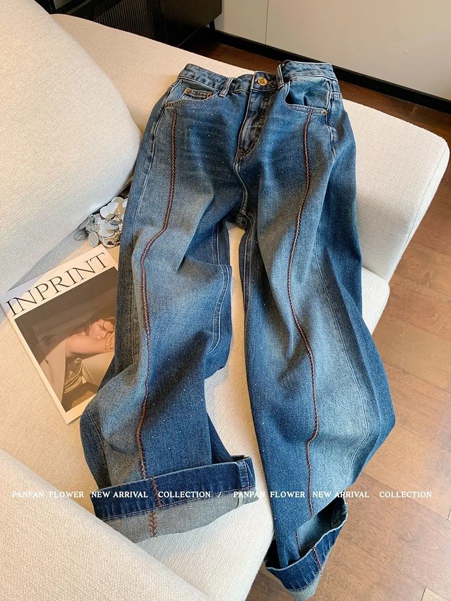 

Retro Diamond Wide Leg Jeans Korean Women's Jeans 2026 Spring New High Waist Loose Casual Floor Dragging Straight Leg Pants