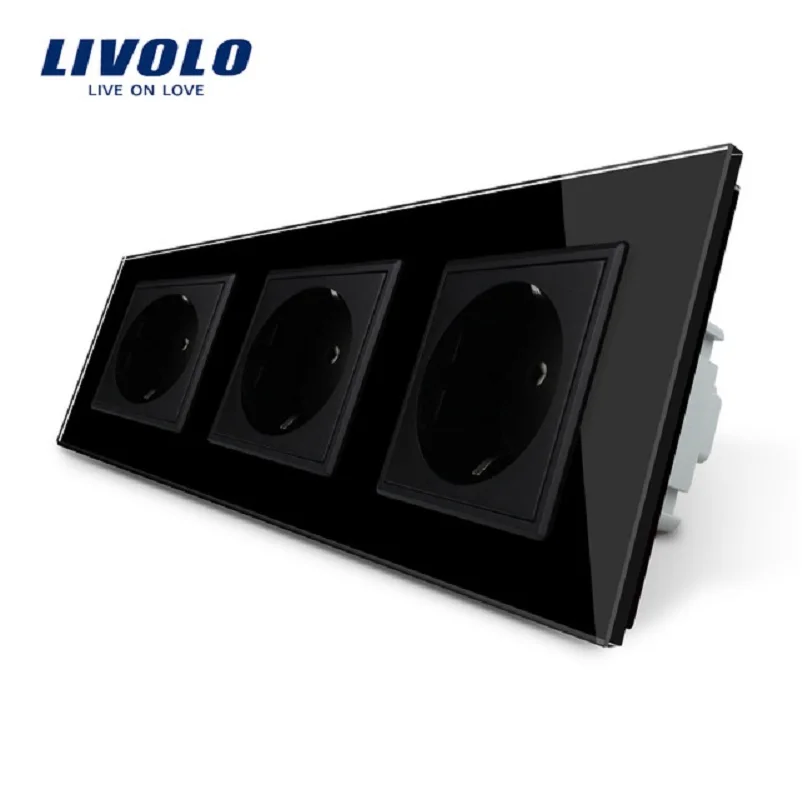 New Livolo EU Standard Socket, Black Crystal Toughened Glass Outlet Panel, Triple Wall Power Sockets Without Plug,VL-C7C3EU-11