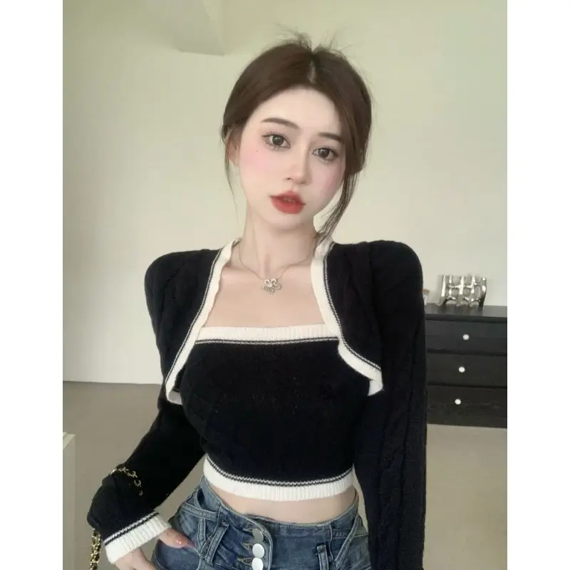 Sexy Crop Top Strapless Camisole 2 Piece Sets Korean Clothes V Neck White Knitted Cardigan Jacket Twist Sweater Argyle Shawl