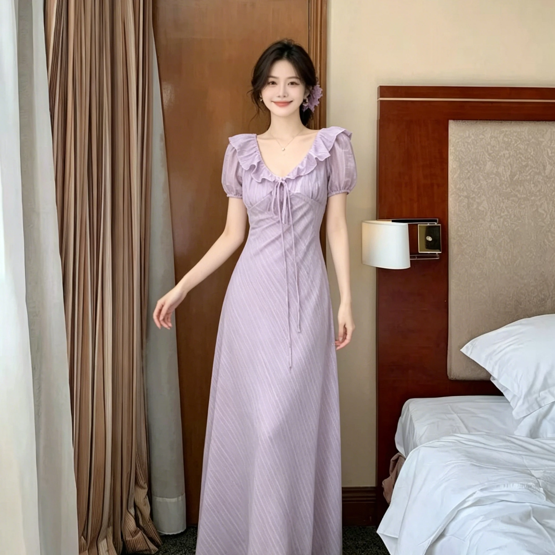 Slimming Green V-Neck Bubble Sleeve Dress with Waist Cinch High Waist A-Line Skirt Soft Texture Holiday Fairy Dress