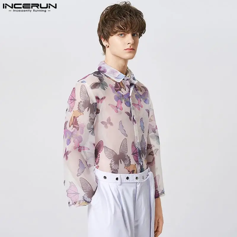 INCERUN Fashion Men Shirt Printing Mesh Transparent Lapel Long Sleeve Sexy Male Shirts 2023 Loose Streetwear Party Camisas S-5XL