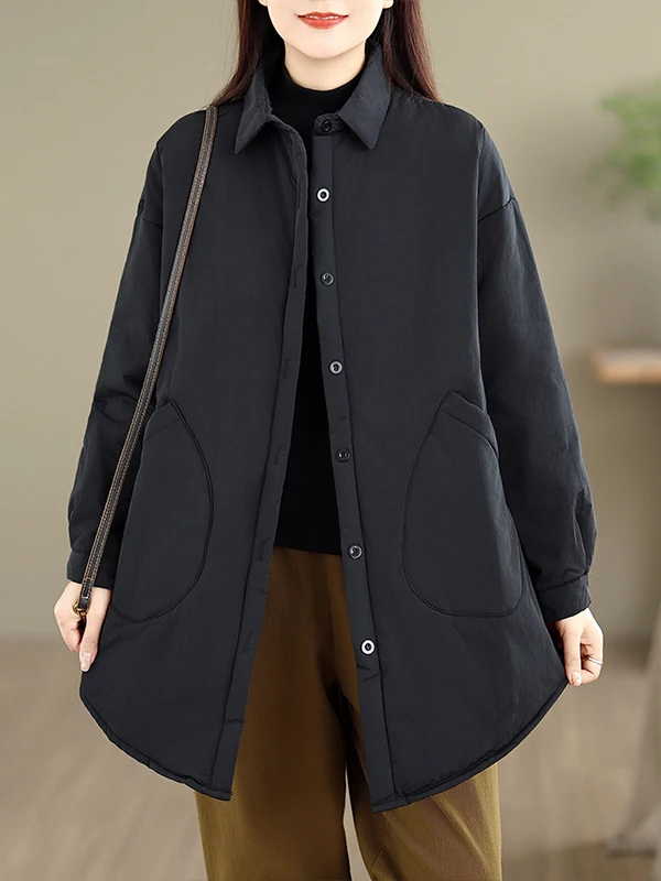 เสื้อโค้ทผู้หญิงสไตล์เรโทรทรงหลวม ความยาวปานกลาง ไซส์ใหญ่ ผ้าฝ้าย รุ่นเกาหลี แขนยาว