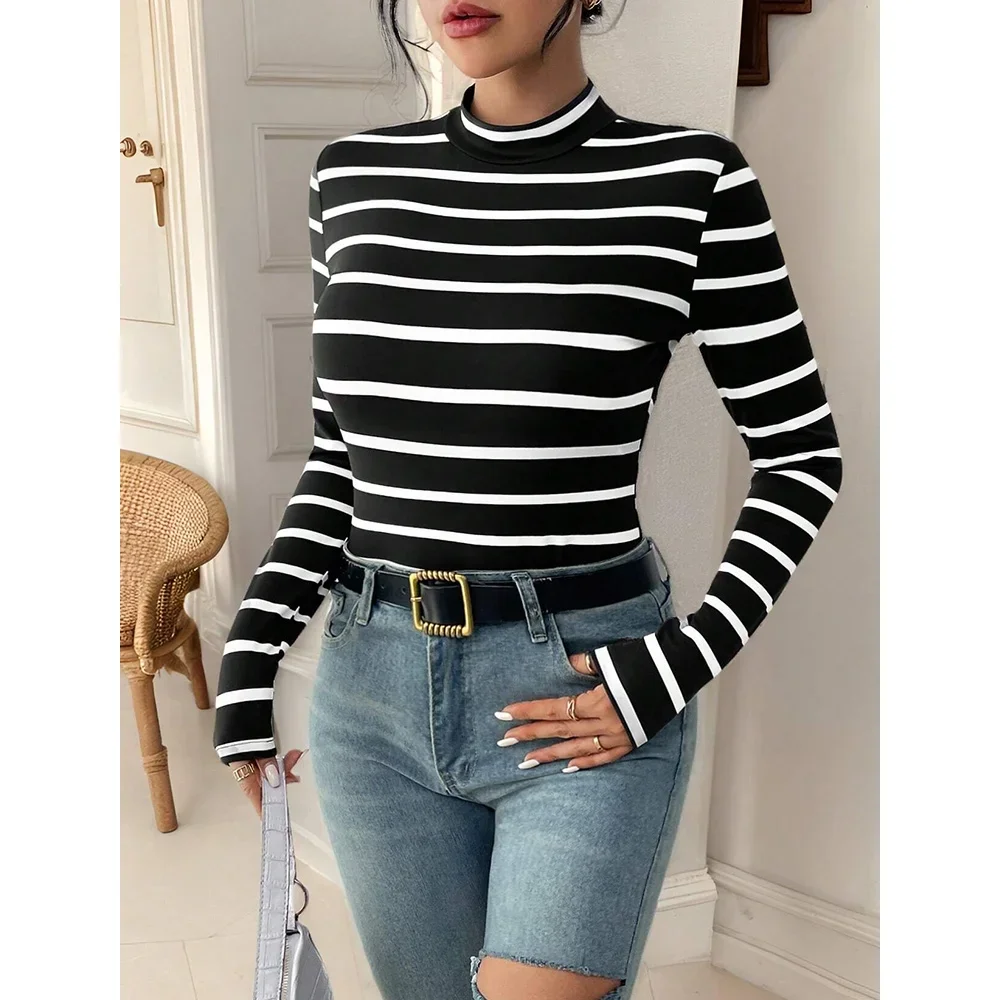 

AzaleeKa Women's T-Shirts All Season Daily Basic Stripe Long Sleeve Stand Collar Casual T-Shirts