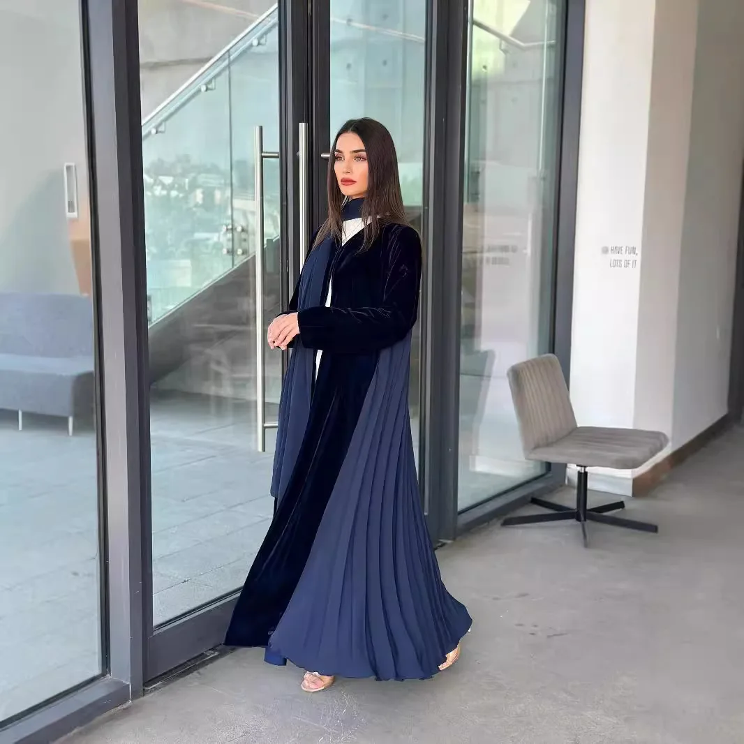 Eid Djellaba Velvet Jalabiya Dubai Open Kimono Pleated Abayas Women Muslim Scarf Dress Coat Kaftan Islam Clothing Kebaya Robe