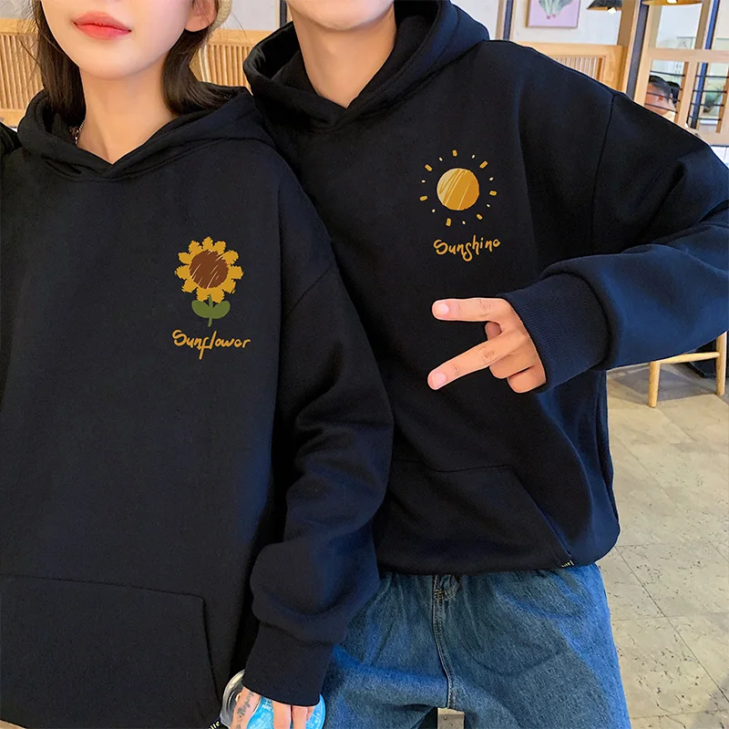 Sunshine Sunflower Graphic Print Matching Couple Hooded Hoodies Top 600g Cotton Autumn Winter Plush Men Women Casual Sweatshirt